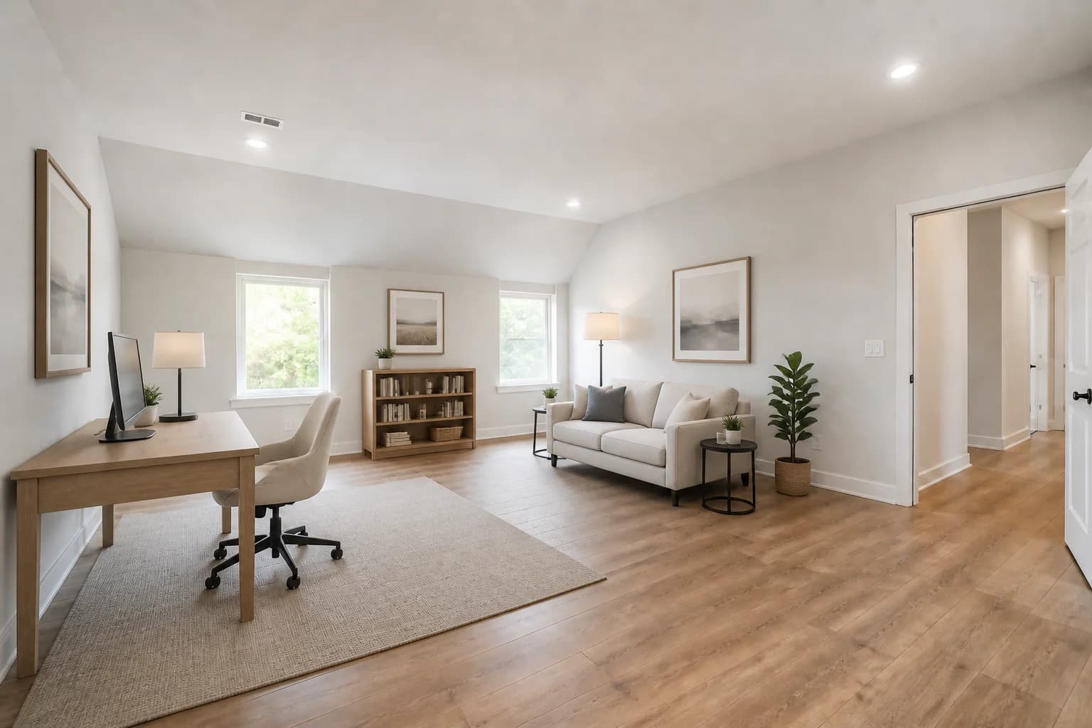 New-construction bonus room virtually staged as a home office and reading space with a desk, loveseat, bookcase, and rug