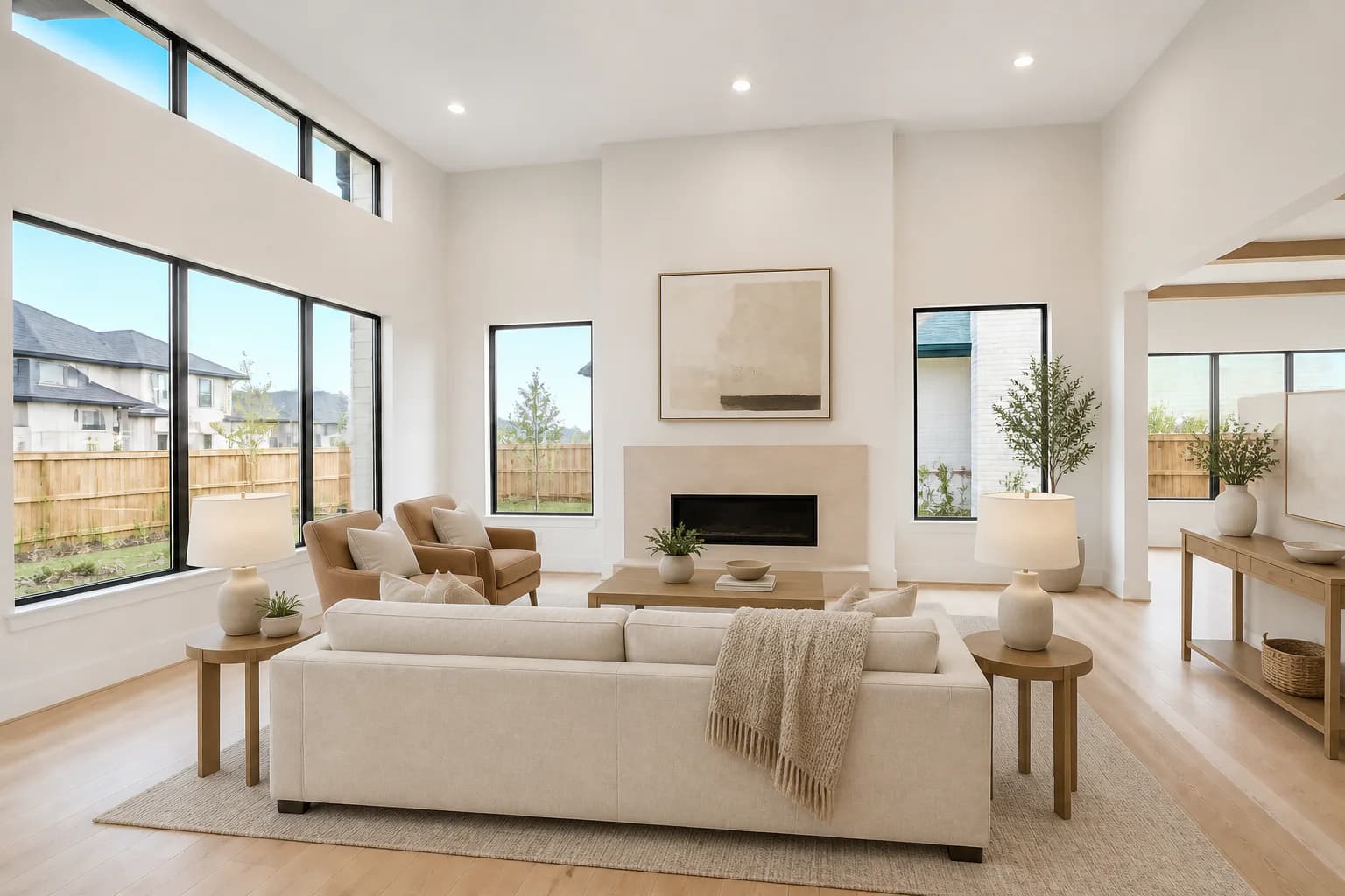 AI-generated demonstration of the same great room virtually staged with living and dining furniture