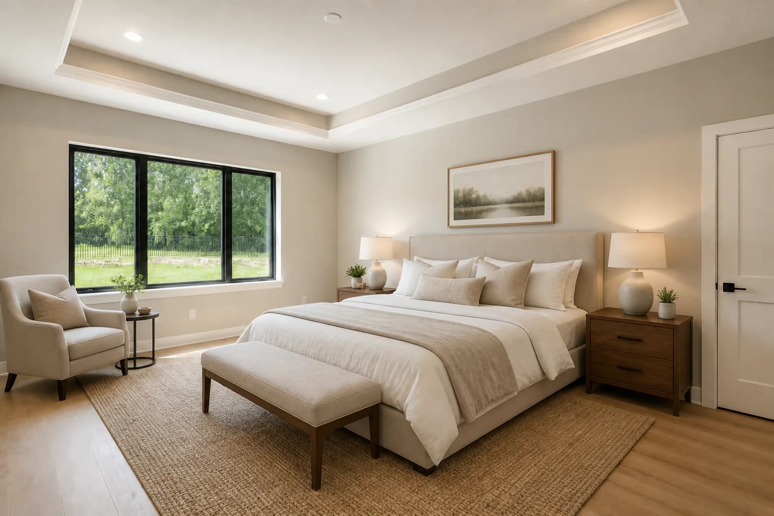 New-construction primary bedroom virtually staged with a king bed, nightstands, bench, rug, and reading chair