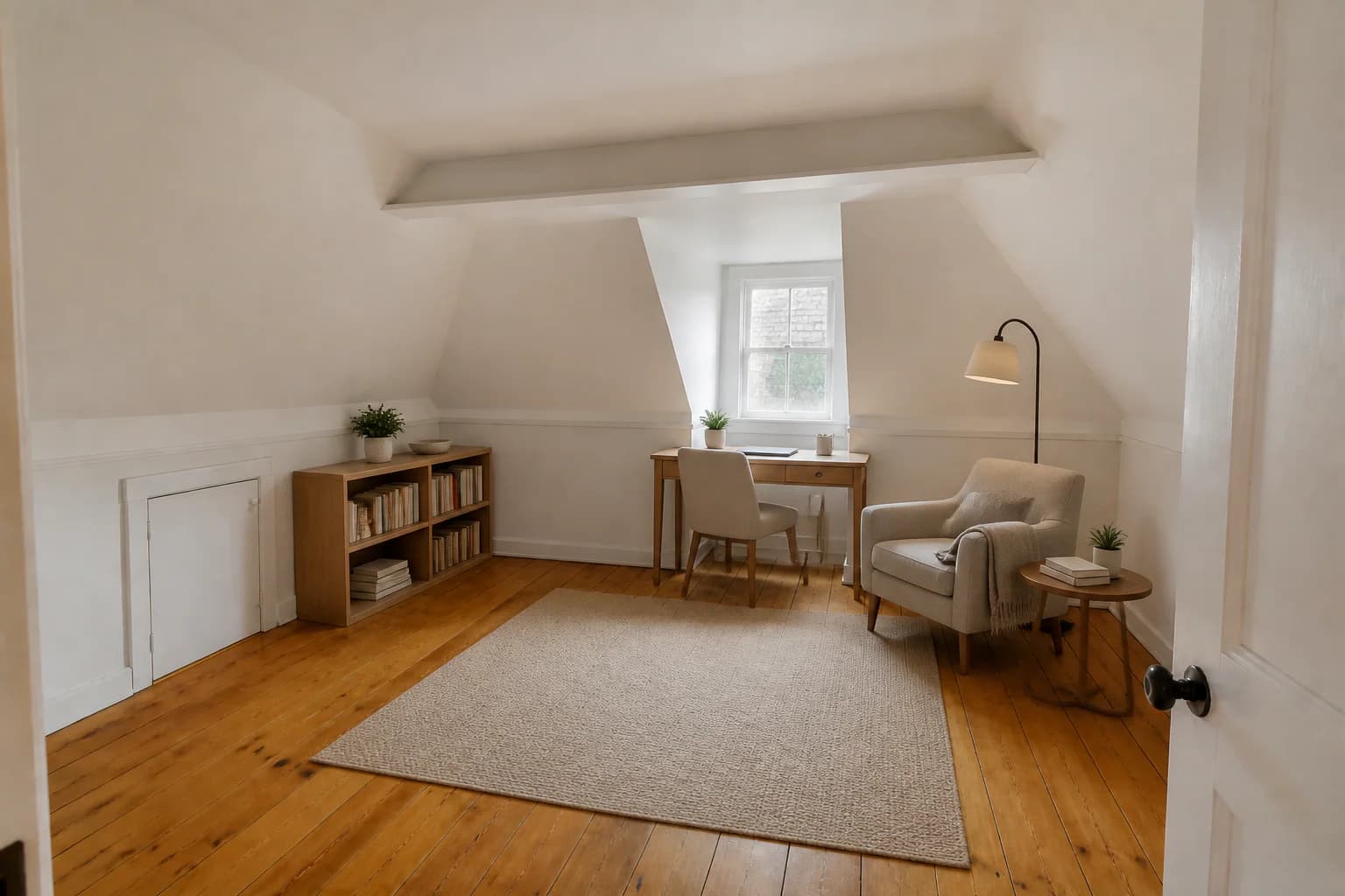 Same attic flex room virtually staged as a home office and reading area with low furniture