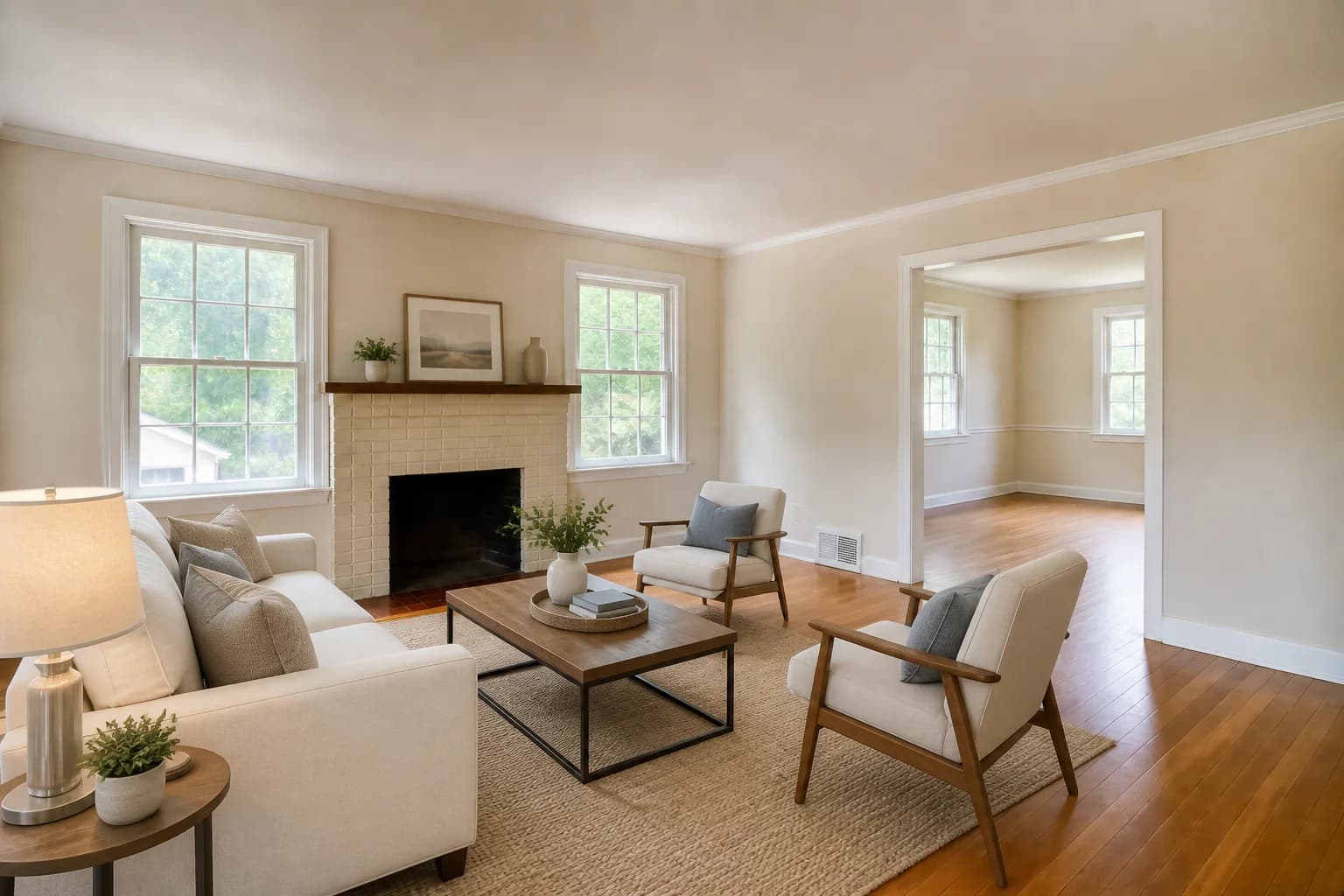AI-generated demonstration of the same living room after virtual staging