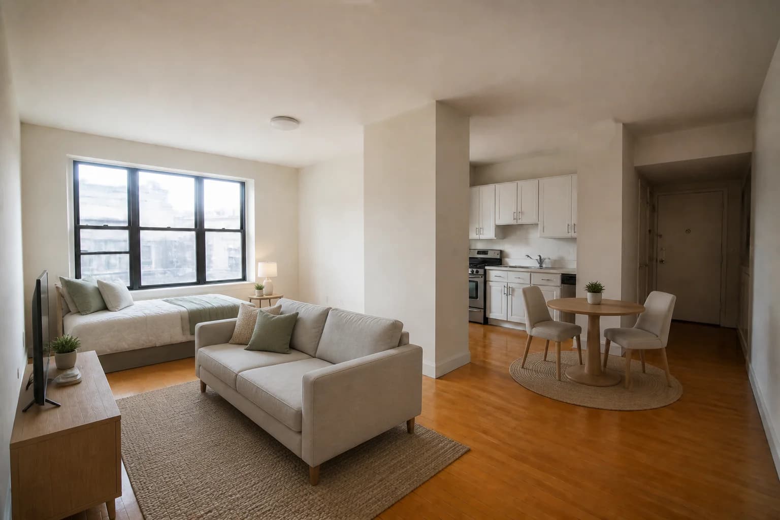 AI-generated demonstration of the same studio virtually staged with compact living, dining, and sleeping zones