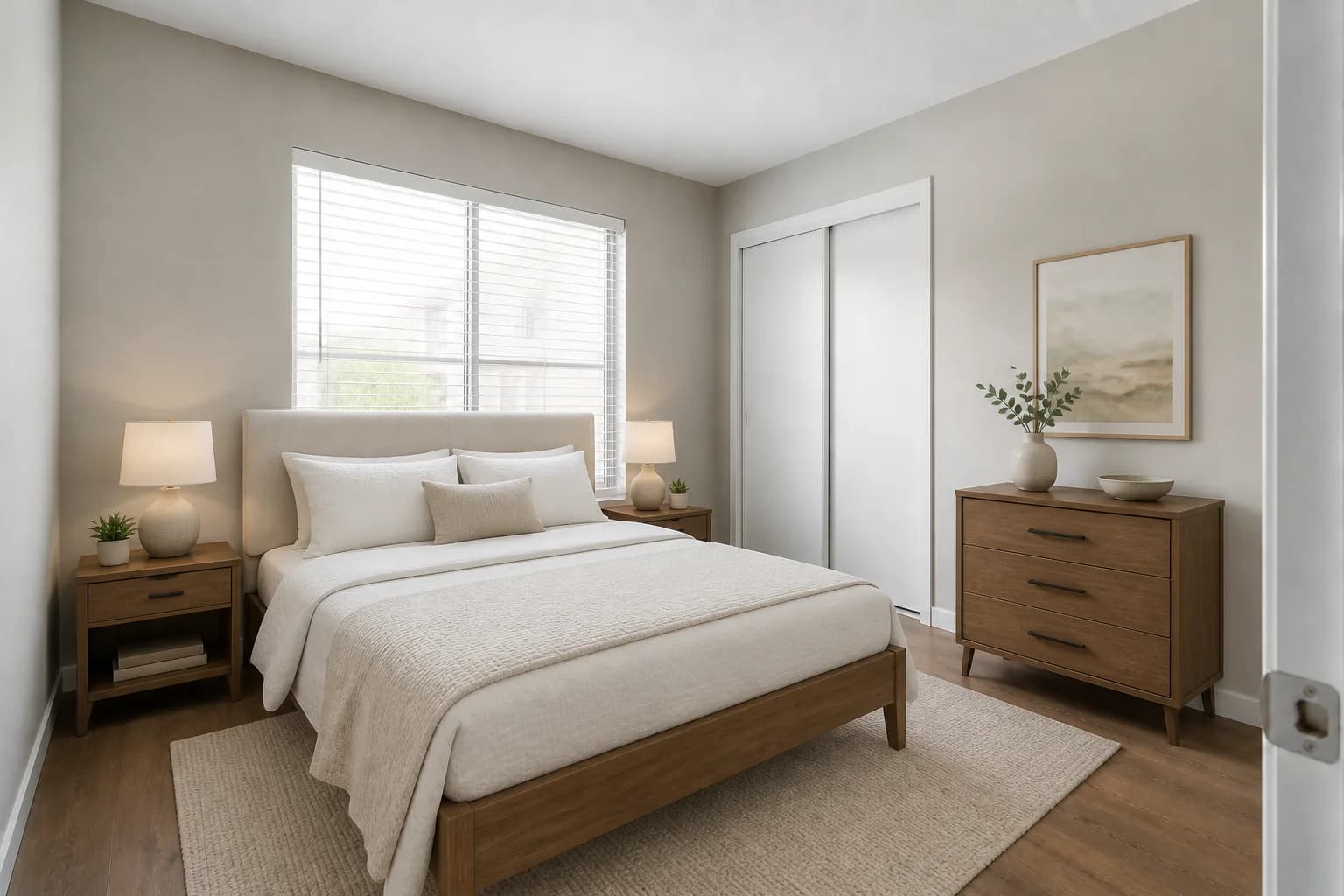 Same rental bedroom virtually staged with a full-size bed, nightstands, rug, and dresser