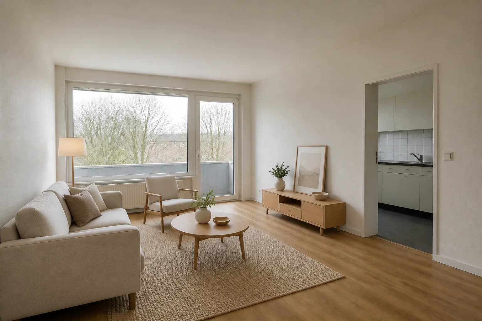 Same rental living room virtually staged with a compact sofa, chair, rug, and media console