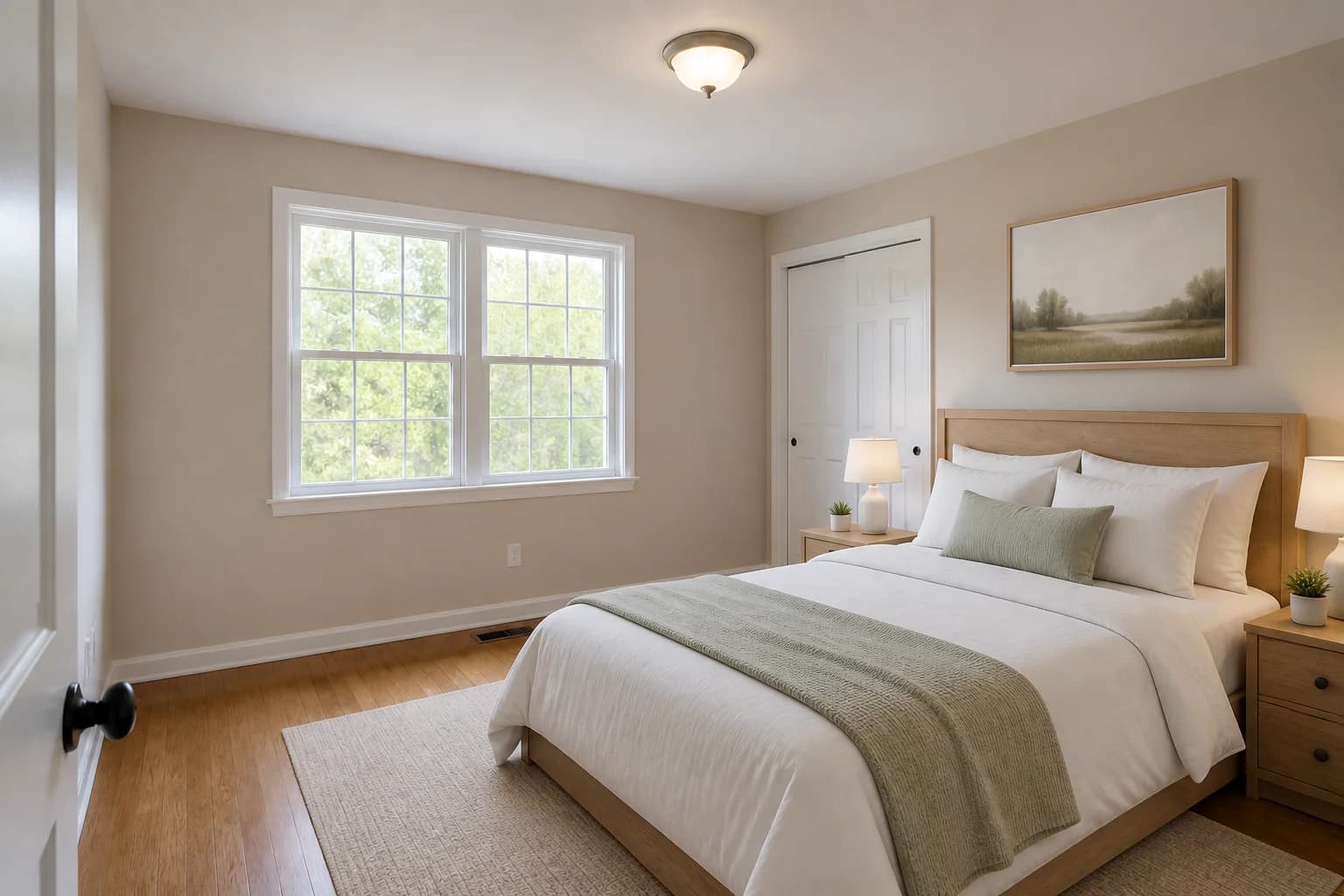 AI-generated demonstration of the same bedroom virtually staged with a bed, rug, and nightstands