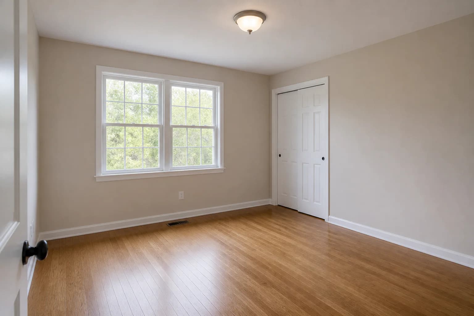 AI-generated demonstration of an empty suburban primary bedroom with two windows