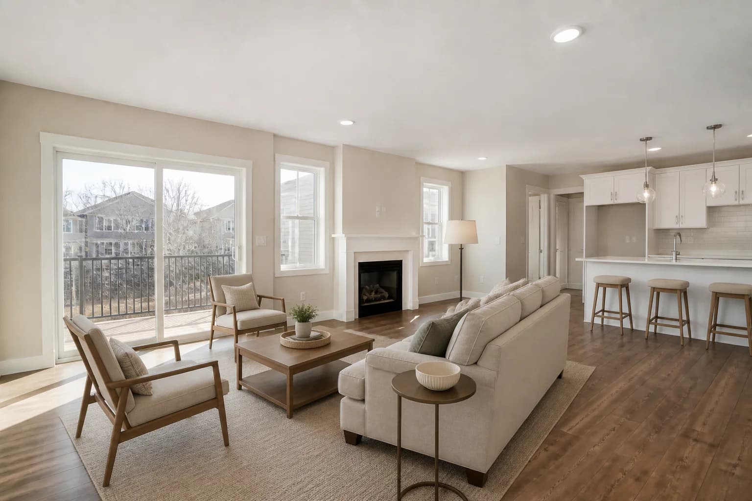Open-plan townhouse virtually staged with a sofa, lounge chairs, coffee table, neutral rug, and kitchen counter stools
