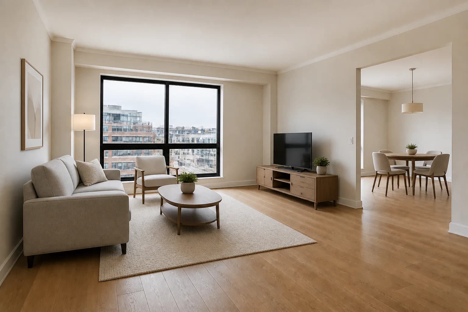 AI-generated demonstration of the same urban condo living room after virtual staging