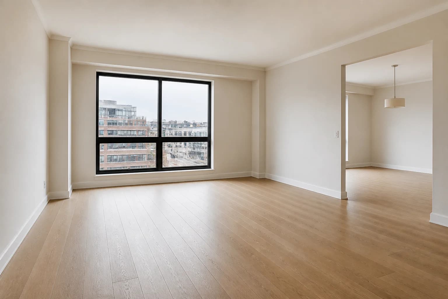 AI-generated demonstration of an empty urban condo living room before virtual staging