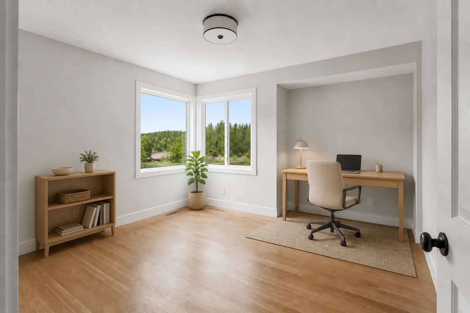 Bonus room virtually staged as a home office with an oak desk, task chair, bookcase, neutral rug, and plant