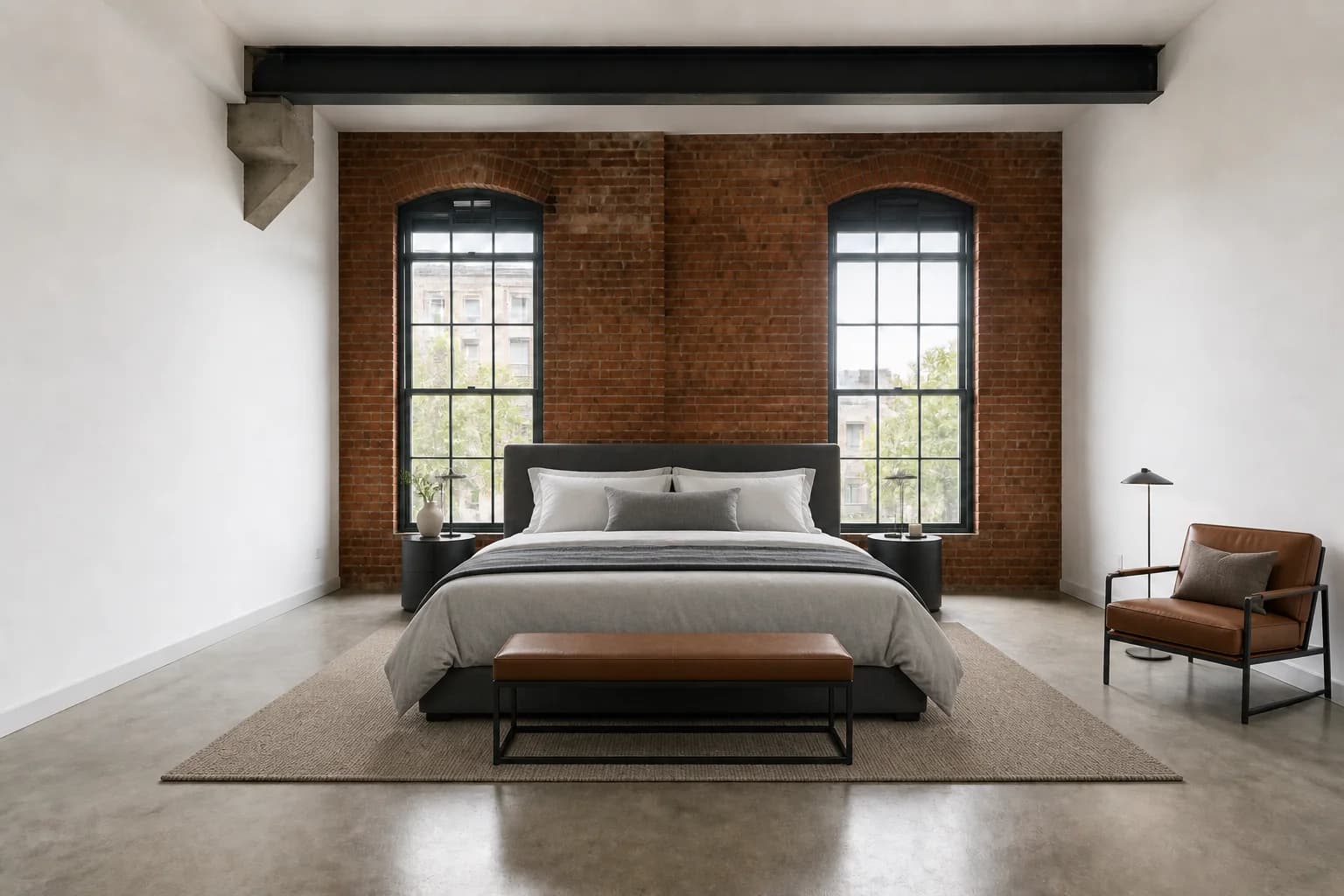 Industrial loft bedroom virtually staged with a low charcoal bed, neutral bedding, leather bench, rug, and reading chair