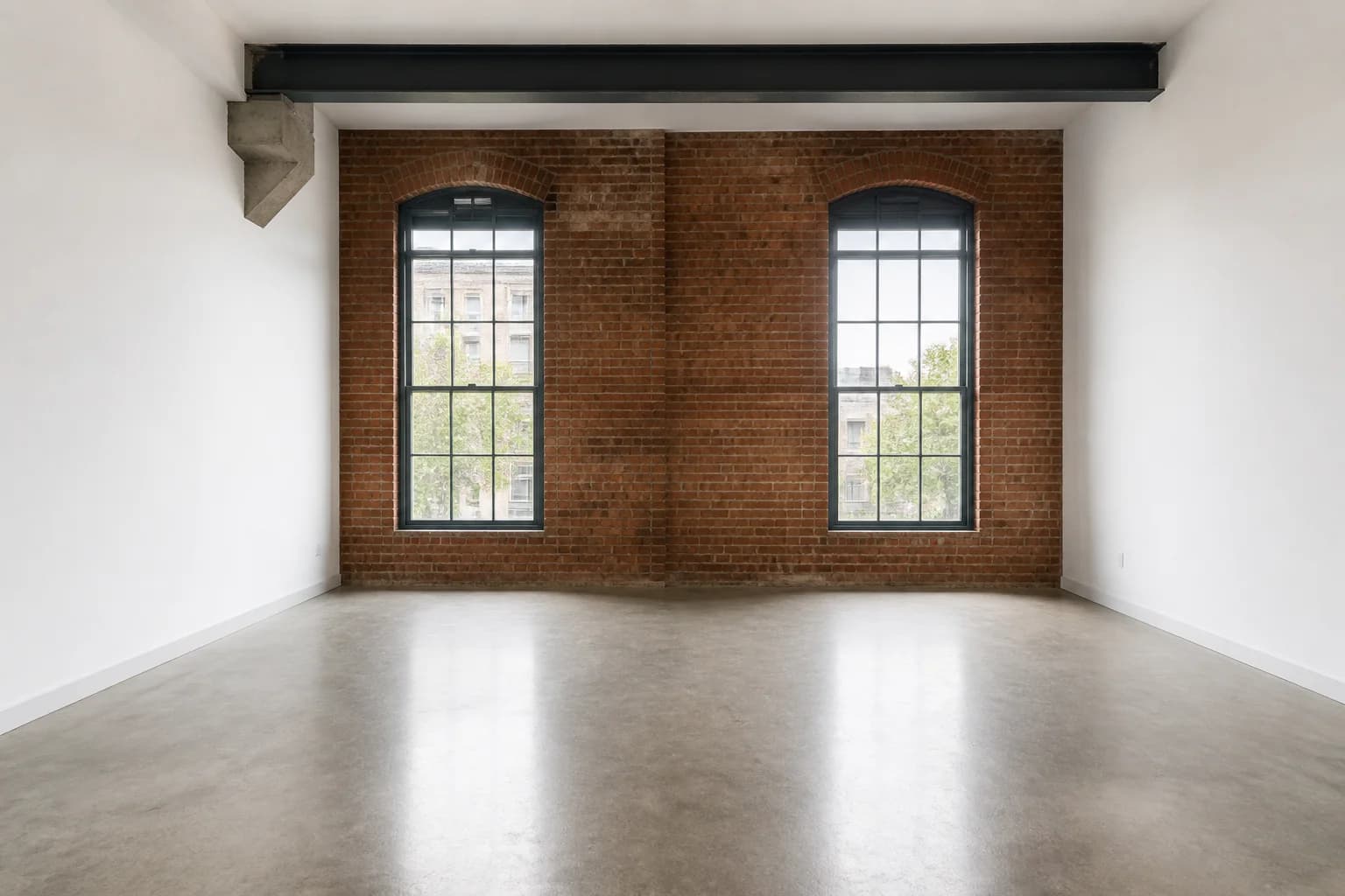 Empty industrial loft bedroom with exposed brick, two arched black-framed windows, concrete floor, and a steel beam