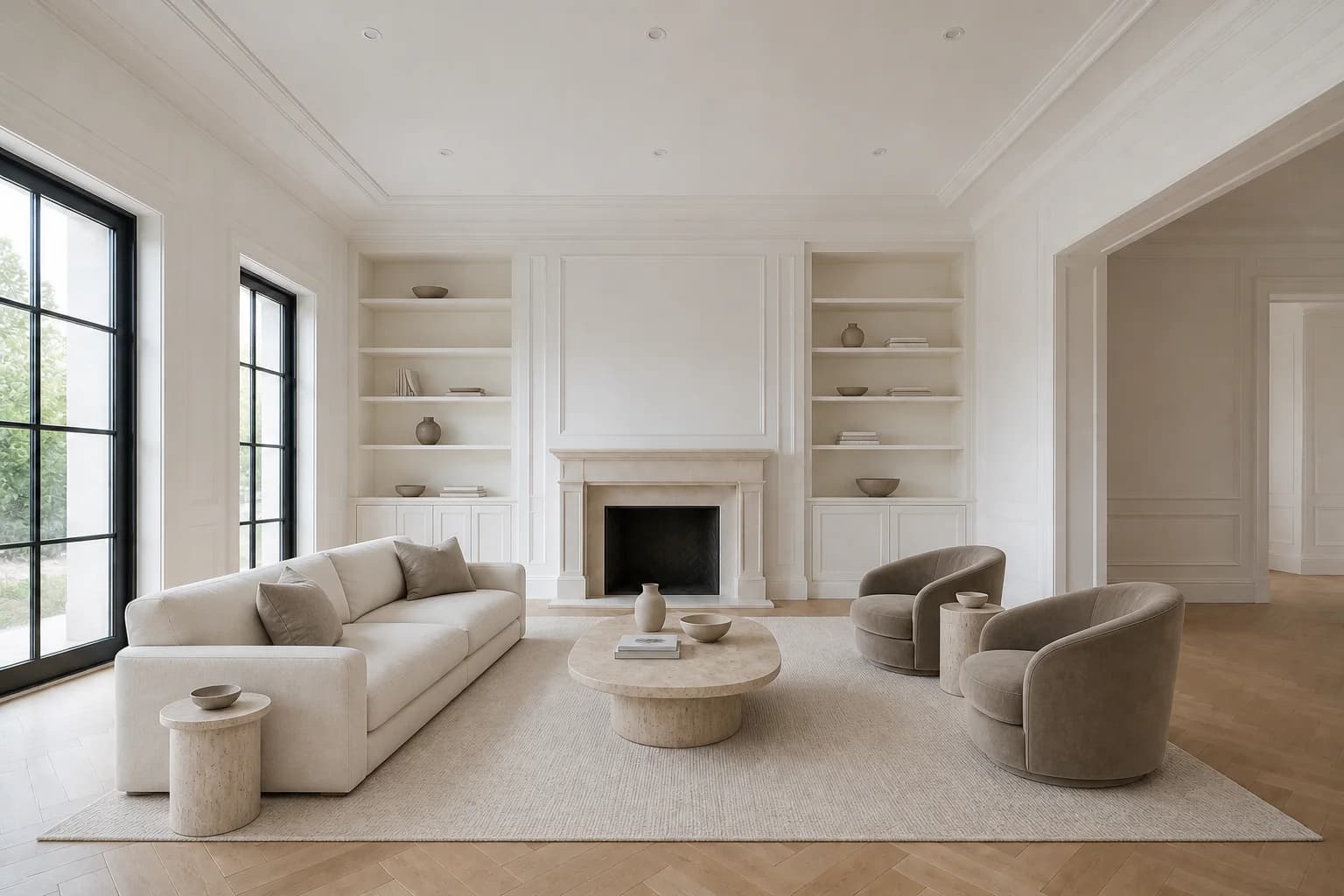 Upscale living room virtually staged with a cream sofa, taupe chairs, wool rug, stone tables, and minimal shelf decor
