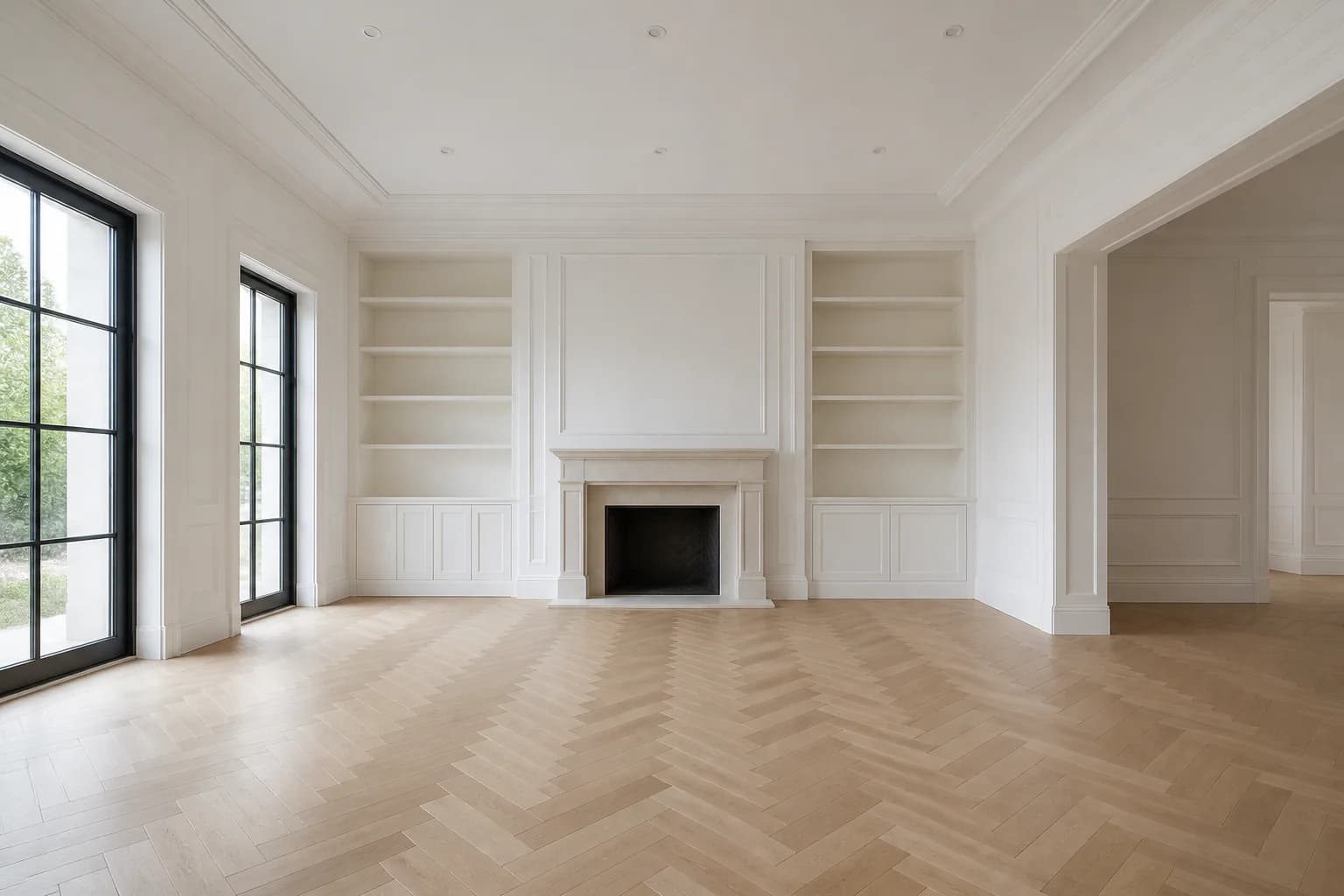 Vacant upscale living room photographed with a fireplace, built-in shelves, panel molding, and pale herringbone floor
