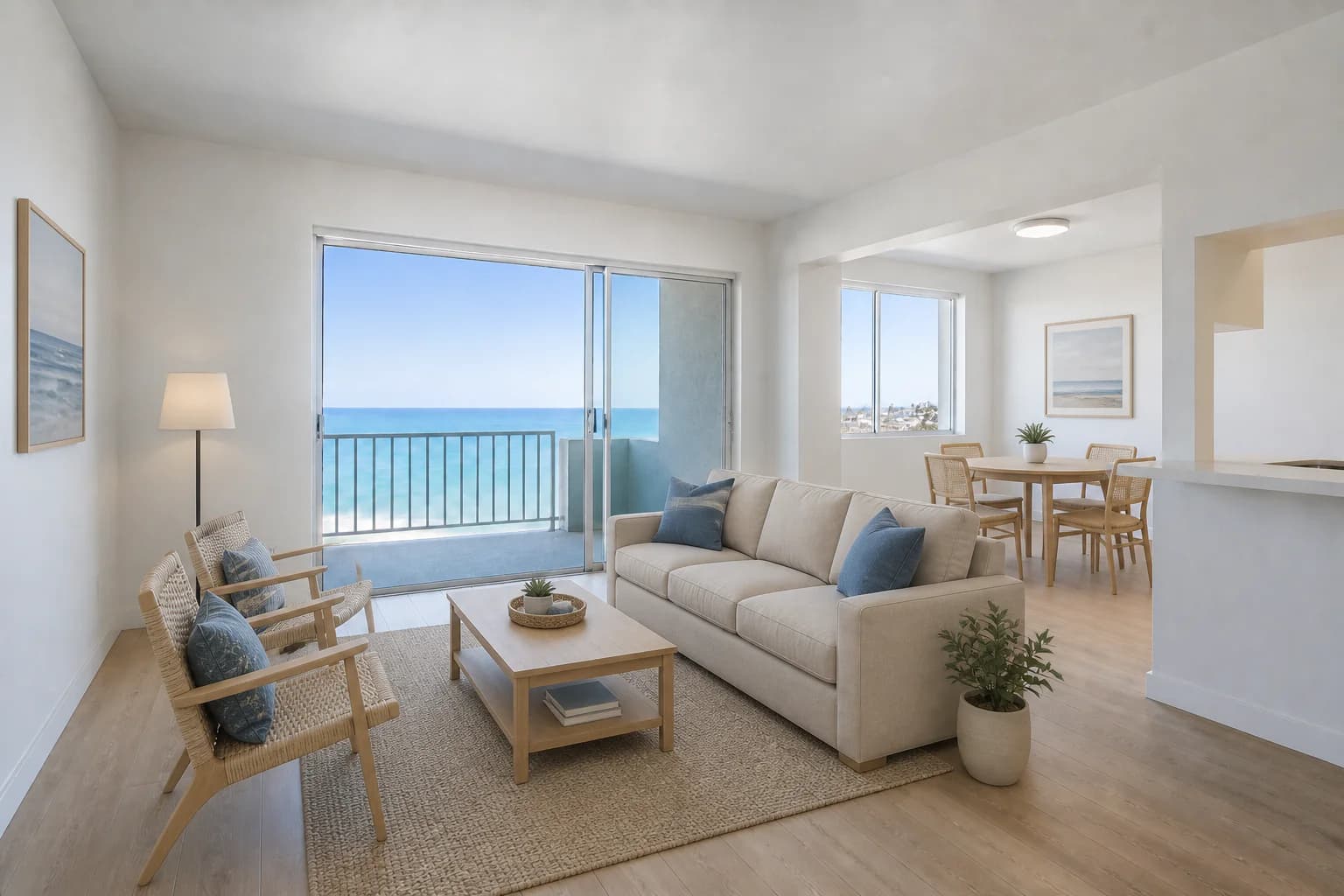 AI-generated demonstration of the same coastal condo virtually staged for vacation-rental guests