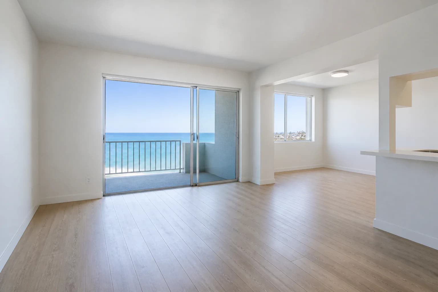 AI-generated demonstration of an empty coastal condo living room