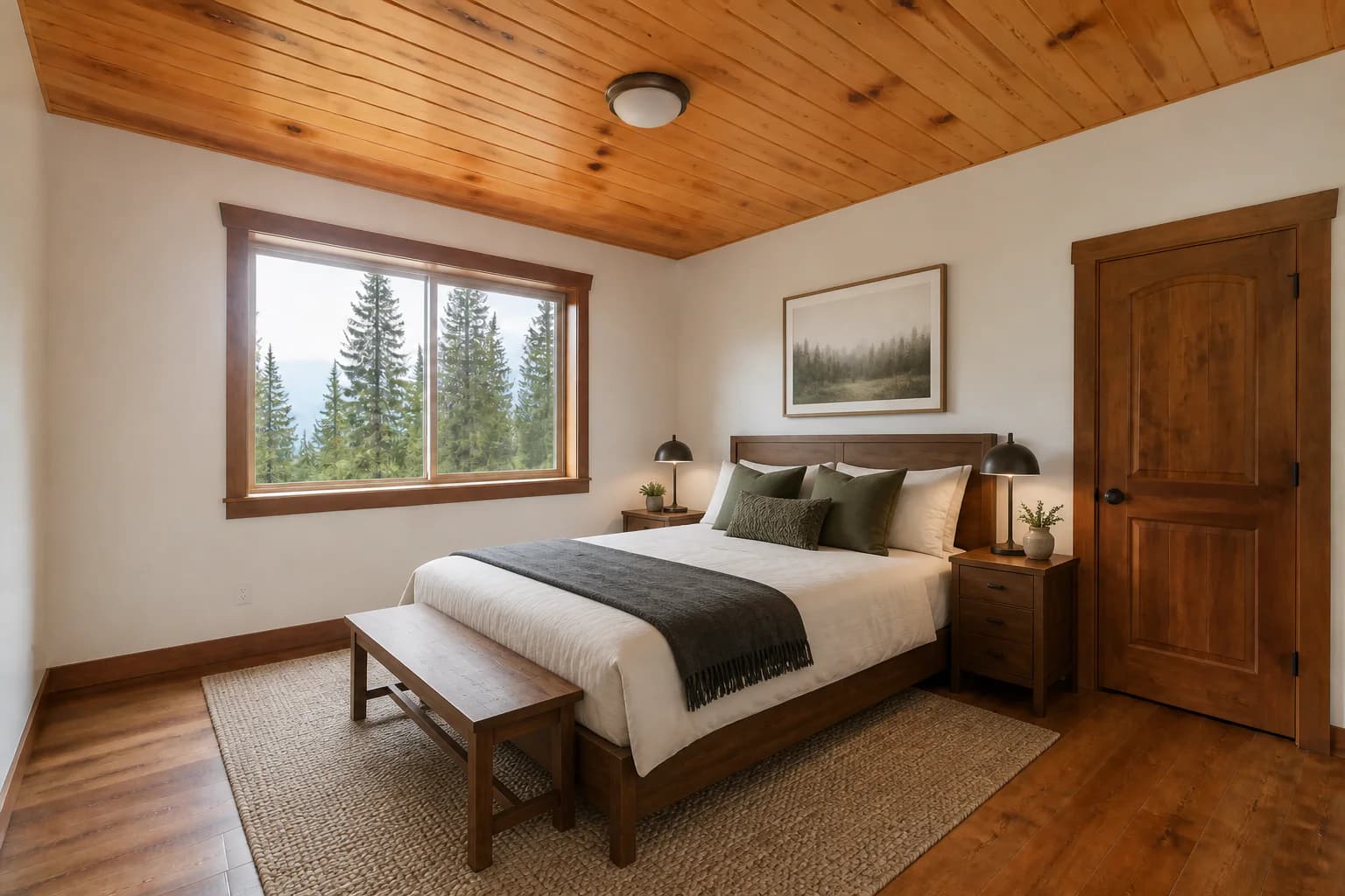 Mountain cabin bedroom virtually staged with a queen bed, nightstands, reading lamps, rug, and bench