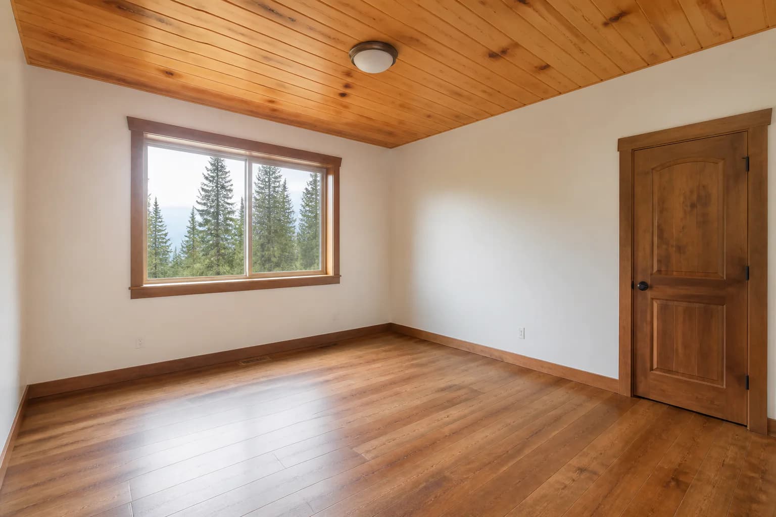 Empty mountain cabin bedroom with a pine ceiling, wood floor, forest-facing window, and wood door