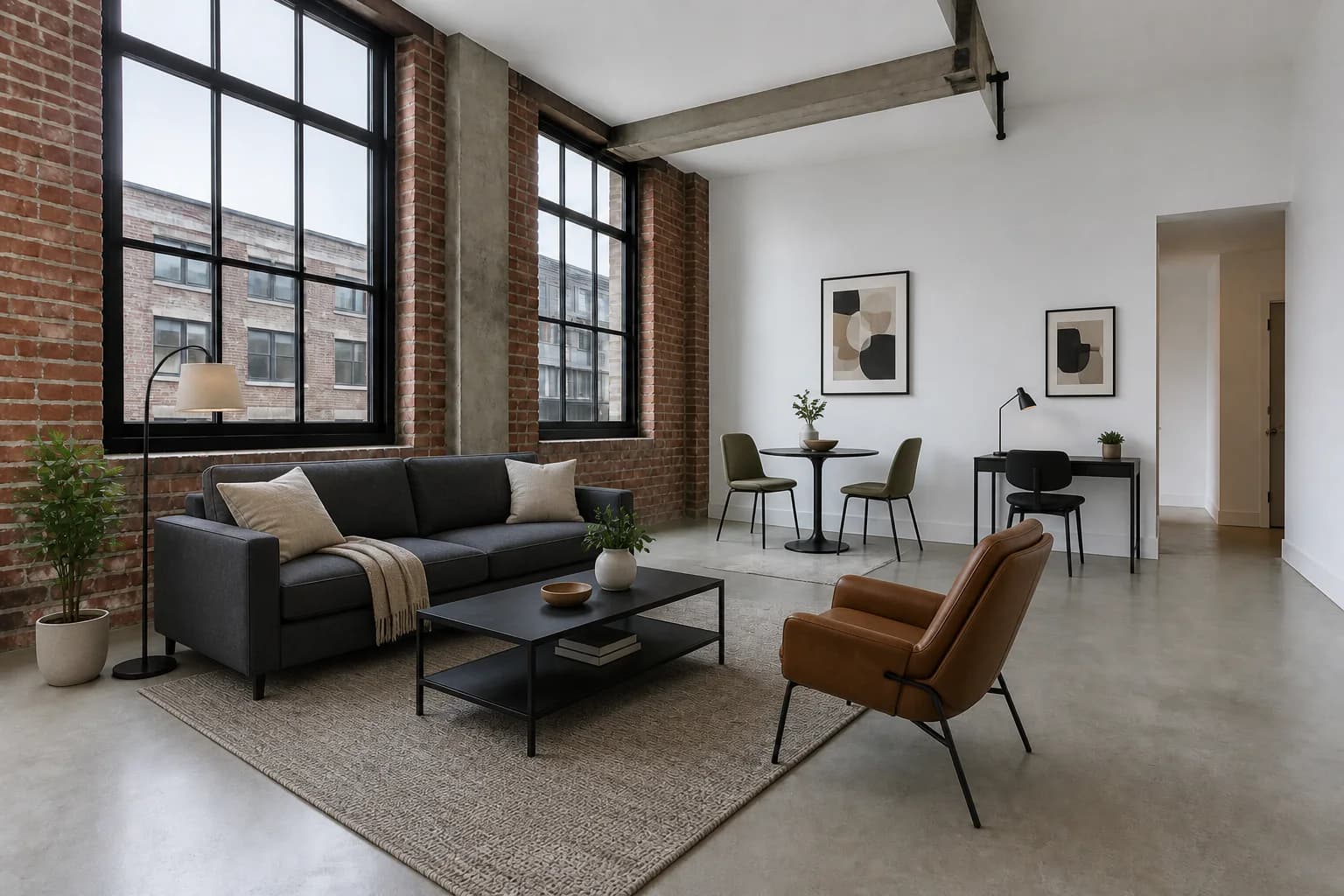 Urban vacation-rental loft virtually staged with a sleeper sofa, lounge chair, dining table, and writing desk