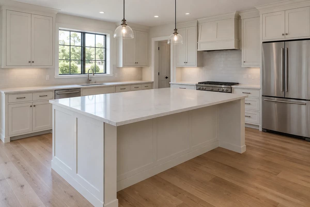 Fictional AI-generated kitchen with a bare island used as the input to a recorded StagingGPT demonstration