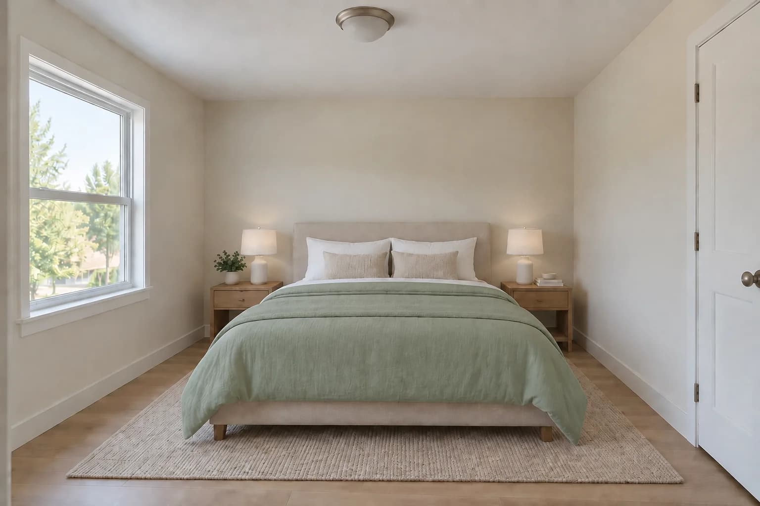 Actual StagingGPT bedroom follow-up with a sage-green duvet and the main furniture arrangement retained