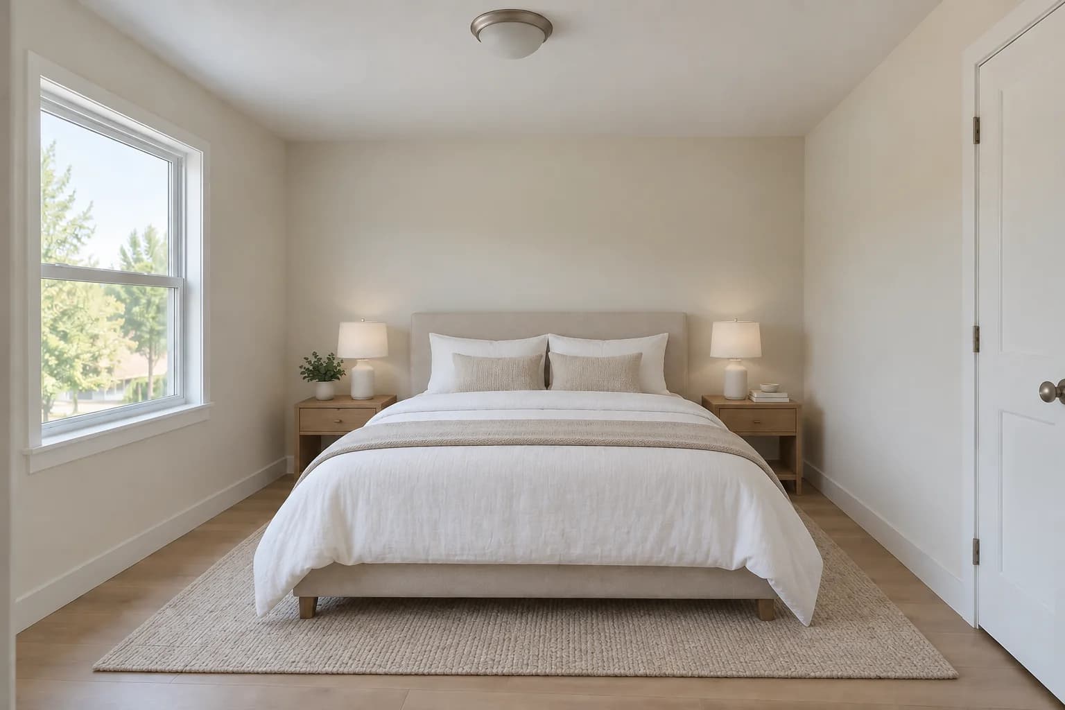 Actual StagingGPT bedroom result with white bedding, two nightstands, a rug, and added lamps and decor