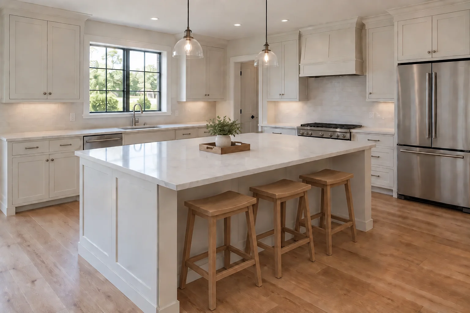 Actual StagingGPT kitchen follow-up with the vase removed and the three stools, tray, and plant retained
