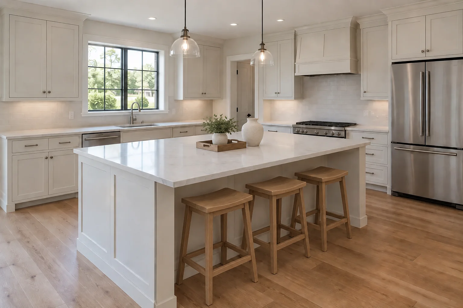 Actual StagingGPT kitchen result with three oak stools, a plant on a tray, and an ivory vase