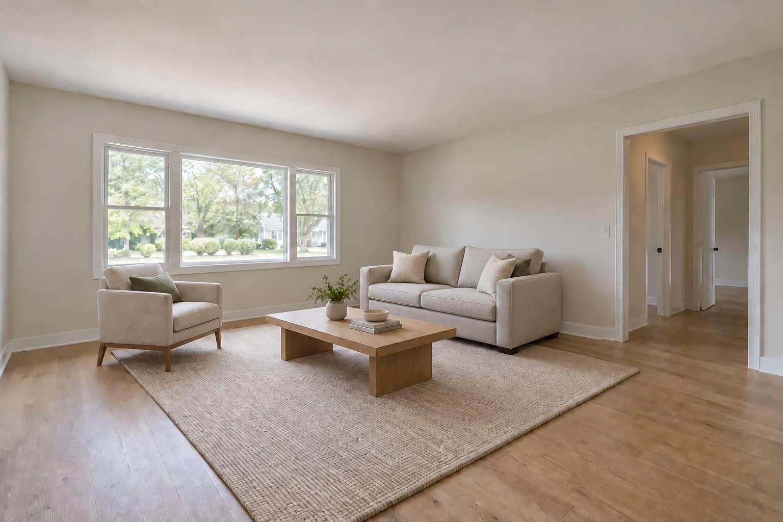 Actual StagingGPT follow-up replacing the charcoal sofa with a smaller beige two-seat sofa