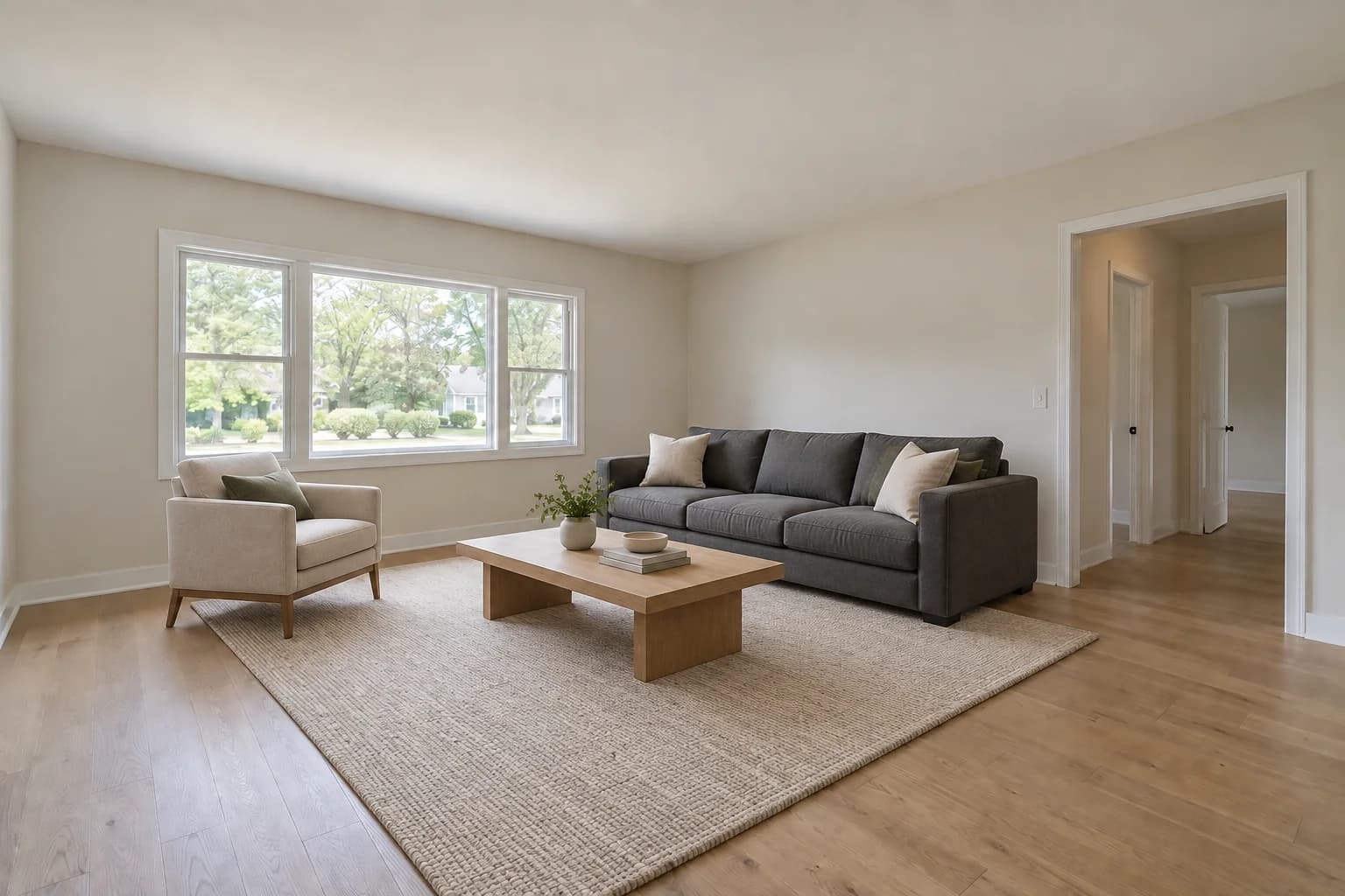 Actual StagingGPT result with a charcoal sofa, armchair, oak coffee table, rug, and added decor