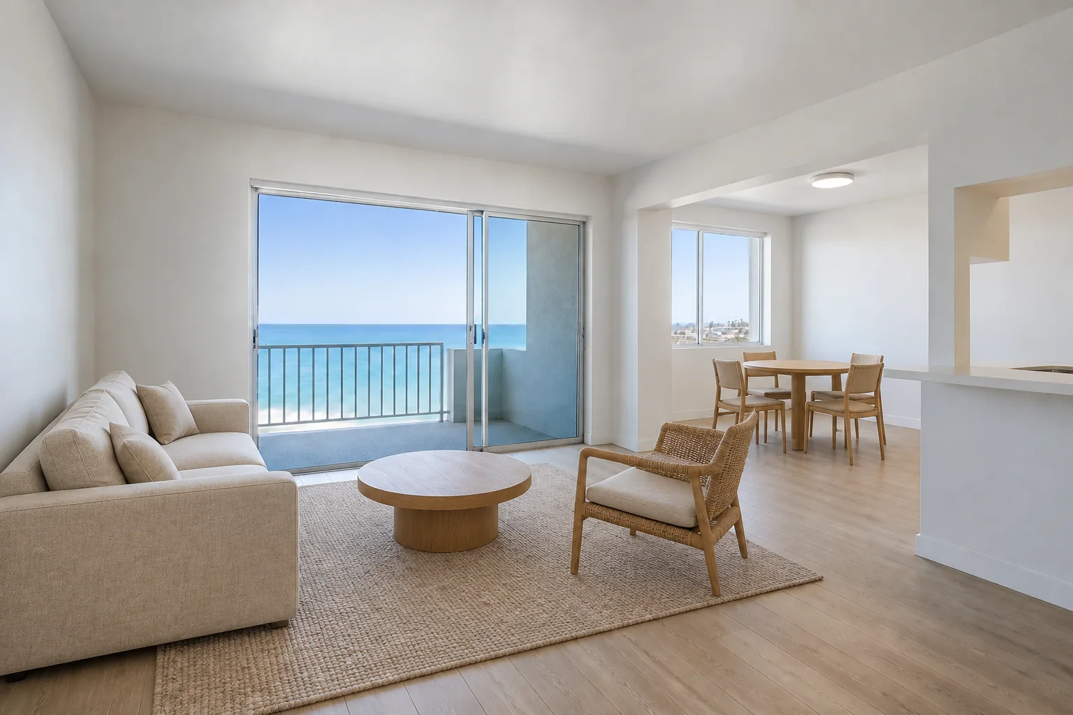 Coastal condo living and dining room — First StagingGPT result